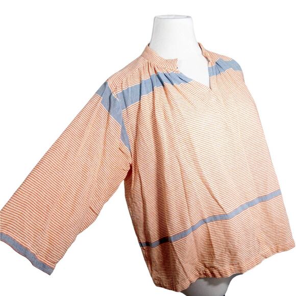Apiece Apart Agata Shirred Boxy Flowy Blouse in Cote Stripe Orange Blue White 4 - Picture 5 of 13